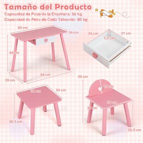 Conjunto de Mesa de Manicure Infantil com Cadeira e Banco, 60 x 34 x 49 cm, Design 2 em 1, Rosa