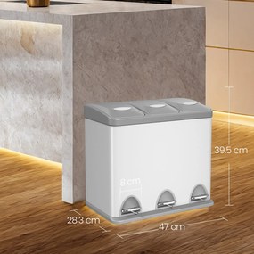 Caixote do lixo para cozinha 3 compartimentos x 8 L, 47 x 28,3 x 39,5 cm branco + cinzento