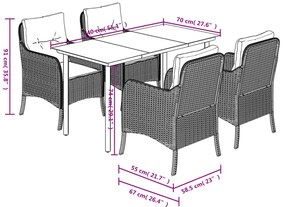 5 pcs conjunto de jantar p/ jardim com almofadões vime PE bege