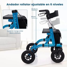 Andarilho dobrável para idosos com assento 24 cm Rodas pneumáticas todo-o-terreno Saco de arrumação Carga 160 kg Azul