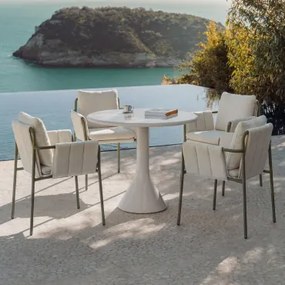 Set De Mesa Redonda Ø90 Cm Em Cimento E Fibra De Vidro Melody E 4 Cadeiras De Jardim Com Braços Estofadas E Em Aço Zunika Verde Azeitona Intenso -