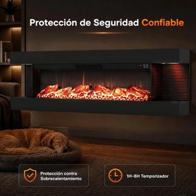 Lareira Elétrica de Parede com Vista de Três Lados, 127 x 20,6 x 41,8 cm, Controlo por Wi-Fi, Preto