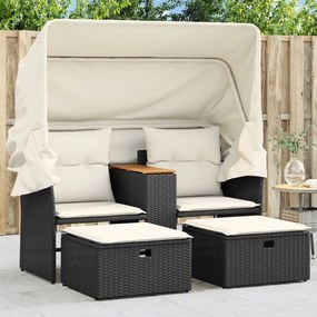 vidaXL Sofá de jardim de 2 lugares com toldo e bancos vime PE preto