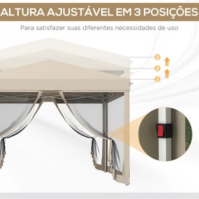 Tenda Dobrável 3x3 para Exterior com Mosquiteiras Bolsa de Transporte Estrutura de Aço e Tecido Oxford Resistente Bege