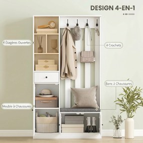 Móvel de entrada 4 em 1 100 x 30 x 180 cm, guarda-roupa de entrada com banco com espaço de arrumação, prateleira ajustável, 4 ganchos, branco