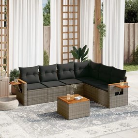 7 pcs conjunto sofás p/ jardim c/ almofadões vime PE cinzento