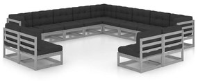 vidaXL 13 pcs conj. lounge jardim c/ almofadões pinho maciço cinzento