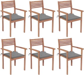 vidaXL Cadeiras de jardim empilháveis c/ almofadões 6 pcs teca maciça