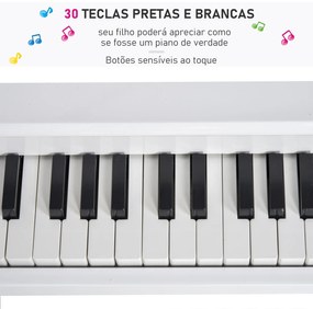 Mini piano infantil com banco 30 teclas com suporte para partitura 52x50x49 cm Branco