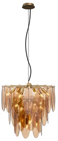 Candeeiro suspenso Art Déco dourado com vidro âmbar oval 14 luzes - Mochan Art Deco