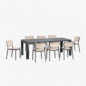 Conjunto De Mesa Retangular Arnadine (220x100 Cm) E 8 Cadeiras De Jardim Empilháveis Omara Cinza Grafito - Sklum