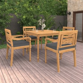 vidaXL 5 pcs conjunto de jantar p/ jardim c/ almofadões teca maciça