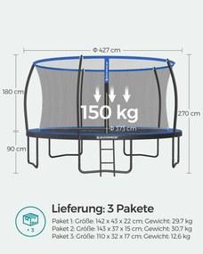 Trampolim Ø 427 cm com rede interior preto-azul