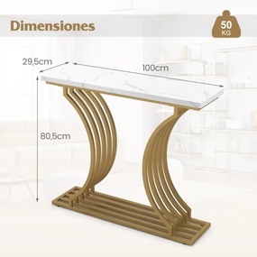Mesa de consola moderna de 100 cm com tampo em mármore sintético e pernas metálicas geométricas para sala de estar dourada