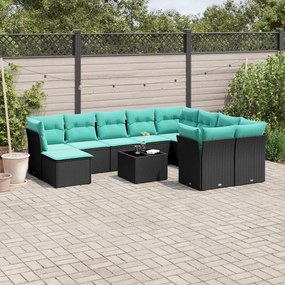 vidaXL 11 pcs conjunto sofás de jardim c/ almofadões vime PE preto