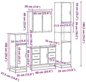 4 pcs Conjunto móveis casa de banho madeira proc. cinza sonoma