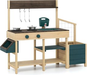 Cozinha Brincar para crianças ao ar livre para crianças de madeira com jardineira Pia removível Torneira Tachos Depósito de água verde