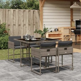 5 pcs conjunto de jantar p/ jardim c/ almofadões vime PE cinza