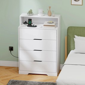 Cómoda com 4 Gavetas 80x40x120 cm e Estação de Carregamento com Porta USB Porta USB-C Prateleira Aberta 80x40x120 cm Branco