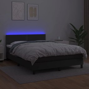 Cama box spring c/ colchão/LED 140x190cm couro artificial preto