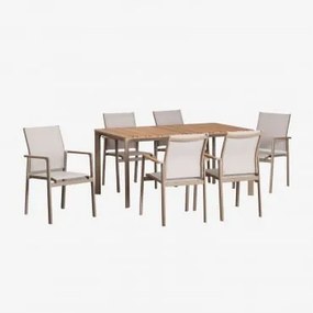 Conjunto De Mesa Retangular Katiana Em Alumínio E Madeira Teca (160x90 Cm) E 6 Cadeiras De Jardim Em Alumínio Elvira Moka Brown - Sklum