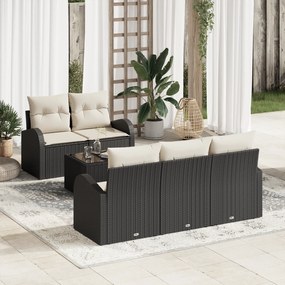 Conjunto de Sofás de Jardim de 6 Peças com Almofadas Preto Vime Poliés