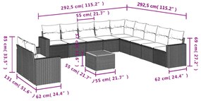12 pcs conjunto de sofás jardim c/ almofadões vime PE cinzento