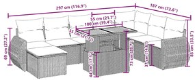 9 pcs conjunto de sofás p/ jardim com almofadões vime PE bege