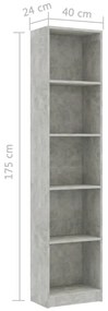 Estante com 5 prateleiras 40x24x175 cm contraplacado cinzento