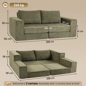Sofá-cama de 2 Lugares, 208 x 181 x 58 cm, Convertível 4 em 1, Verde
