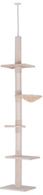 PawHut Árvore Arranhadora para Gatos Arranhador para Fixar ao Teto Altura Ajustável com Plataformas Poste de Sisal 40x34x230-260cm Bege