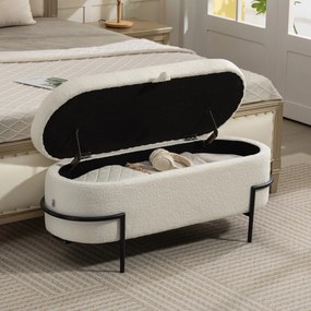 Banco com arrumação 114,5 L x 40 P x 48 A cm, banco com baú de arrumação em tecido felpudo, com tampa levantável e pés em aço, creme