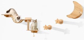 Conjunto de móveis de parede para gatos com 6 peças, rede, ponte em forma de árvore com 2 níveis e postes para arranhar natural