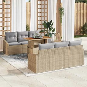 vidaXL Conjunto de Jantar de Jardim de 7 Peças com Almofadas Bege Vime Poliédrico