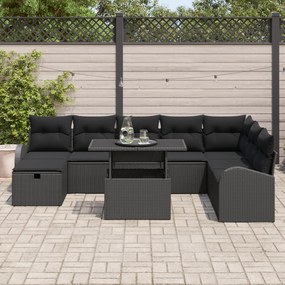 Conjunto de Sofá de Jardim 9 Peças com Almofadas Preto Rattan PE