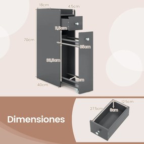 Armário pequeno estreito para casa de banho ou cozinha 40 x 18 x 70 cm de 4 níveis com gavetas deslizantes Cinzento