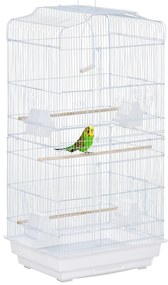 PawHut Gaiola para Passáros Gaiola de Metal com Portas 4 Comedouros 3 Poleiros Baloiço Bandeja Removível e Alça de Transporte para Papagaio Canário Periquito 46,5x35,5x92cm Branco