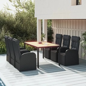 7 pcs conjunto de jantar p/ jardim vime PE/acácia maciça preto