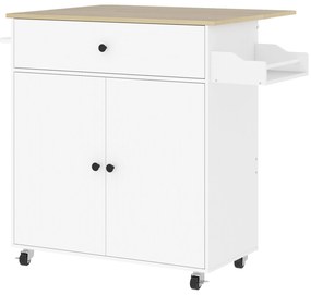 HOMCOM Ilha de Cozinha com Rodas com Lateral Dobrável Gaveta Suporte para Temperos e Prateleira Ajustável 106x42x87 cm Branco e Carvalho | Aosom Portugal