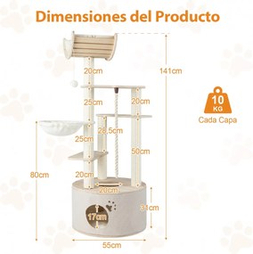 Arranhador para gatos de madeira 55 x 141 cm (diâmetro x altura) com vários níveis, com cama suspensa, postes para arranhar e acessórios carvalho + br
