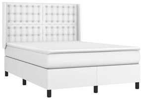 Cama box spring c/colchão/LED 140x190cm couro artificial branco