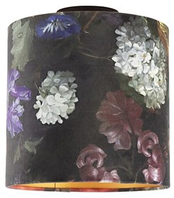 Candeeiro de teto com abajur de veludo flores com dourado 25 cm - Combi Preto Clássico / Antigo