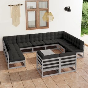 12 pcs conj. lounge de jardim + almofadões pinho maciço cinza