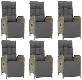7 pcs conjunto de jantar p/ jardim c/ almofadões vime PE cinza