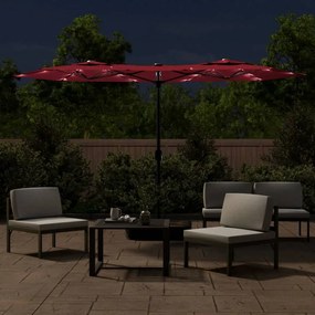 Guarda-sol de jardim c/ cabeça dupla/luzes LED 316x240 cm bordô
