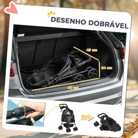 Carrinho para Cães Dobrável com Rodas Universáis Cesta de Armazenamento Correias de Segurança e Janelas 67x45x96 cm Preto