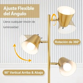 Candeeiro de pé em forma de árvore com 3 lâmpadas e abajures ajustáveis Mastro de metal e base pesada Dourado