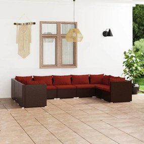 vidaXL 9 pcs conjunto lounge jardim c/ almofadões vime PE castanho