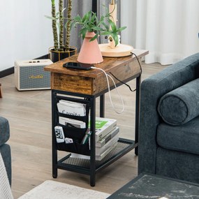 Mesa Lateral com Estação de Carregamento USB e 2 Tomadas Prateleira com Compartimento Flip Top Estreita para Sala de Estar Quarto 60 x 30 x 58,5 cm Ca