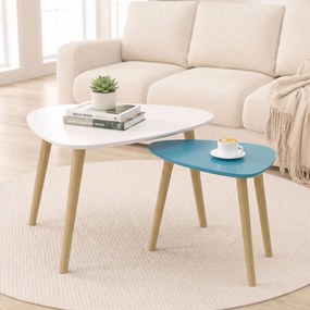 Conjunto de 2 mesas baixas encaixáveis de design escandinavo, com pés e tampo em madeira, nas cores branco e azul